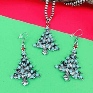 Turquoise Christmas Tree Beaded Necklace and Earring Set